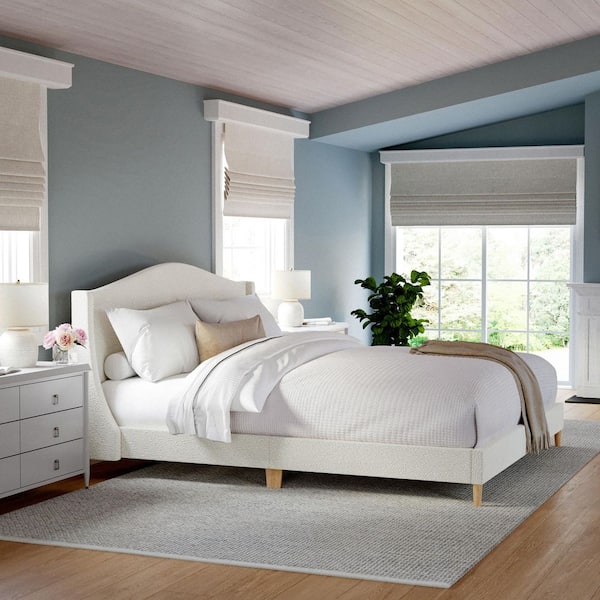 Amelia Off-White Boucle/Light Beech Legs Wood Frame King Platform Bed with Curved Headboard and Cushioned Siderails