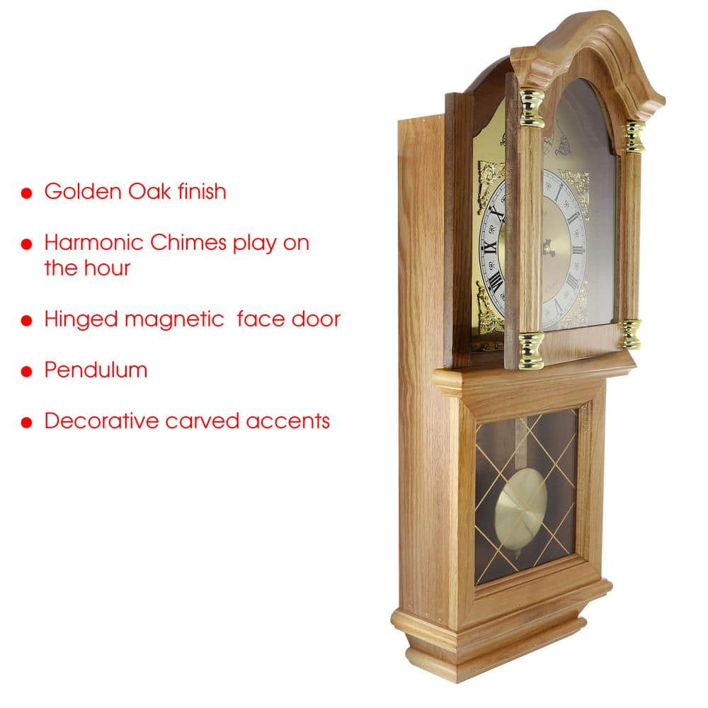 Golden Oak 26" Chiming Wall Clock with Swinging Pendulum