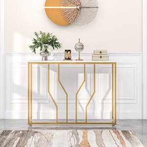 44 in. Gold Rectangle Faux Marble Tabletop Console Table with Golden Metal Frame for Entrance