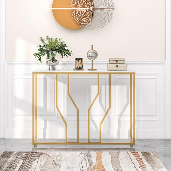 Costway 44 in. Gold Rectangle Faux Marble Tabletop Console Table with Golden Metal Frame for Entrance