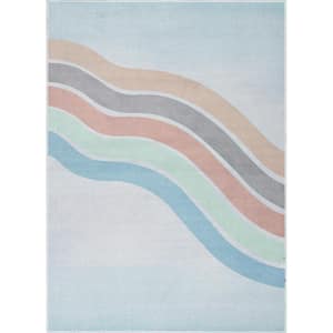 Curved Rainbow Modern Kids Pastel Multi Color 3 ft. 3 in. x 5 ft. Machine Washable Flat-Weave Area Rug