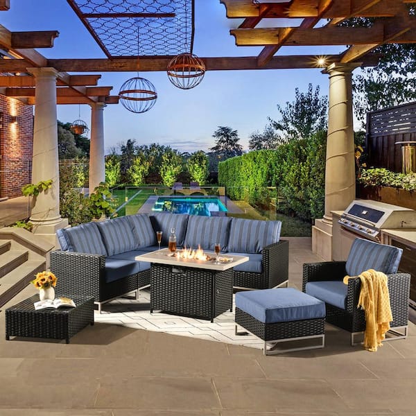 HOOOWOOO Mille Lacs Black 9-Piece Wicker Outdoor Patio Conversation Sectional Sofa Set with a Fire Pit and Striped Blue Cushions