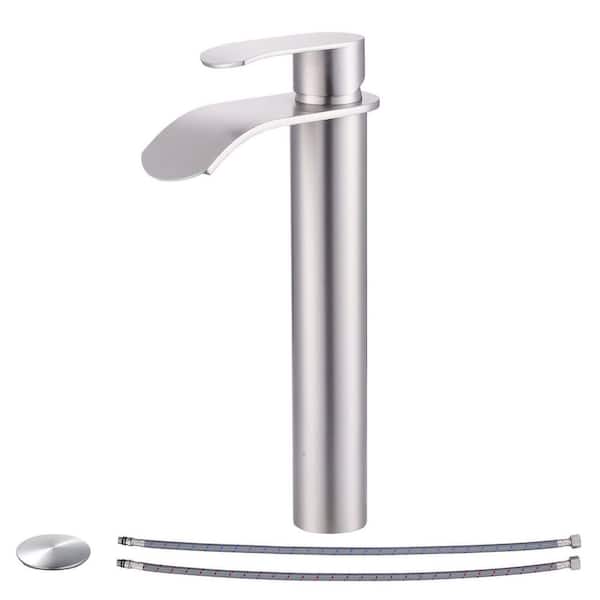 Single Handle High-Arc Single Hole Bathroom Faucet with Pop Up Drain Included and Waterfall Spout in Brushed Nickel