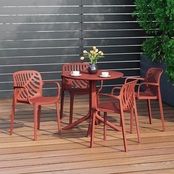 Frond and Form Modern Outdoor Patio Poly Plastic 5-Piece Round Table Dining Set w/ 4-Stackable Chairs in Red