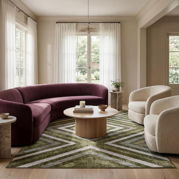 Akari Spin Clean Transitional Diamond Machine Washable Area Green 8 ft. x 10 ft. Indoor Area Rug
