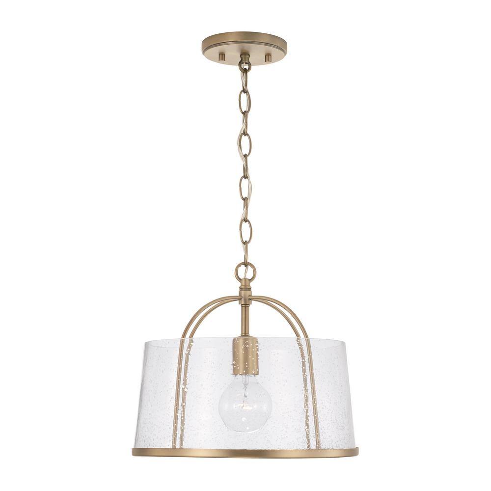 Aged Brass and Clear Seeded Glass Drum Pendant Light