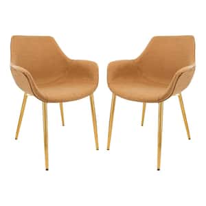 Markley Modern Leather Dining Arm Chair With Gold Metal Legs Set of 2 in Light Brown