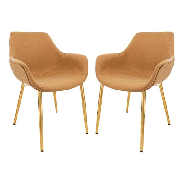 Leisuremod Markley Modern Leather Dining Arm Chair With Gold Metal Legs Set of 2 in Light Brown