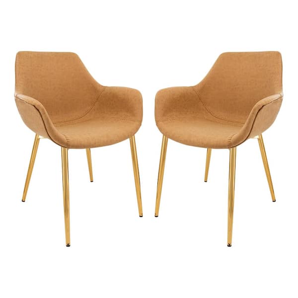 Markley Modern Leather Dining Arm Chair With Gold Metal Legs Set of 2 in Light Brown