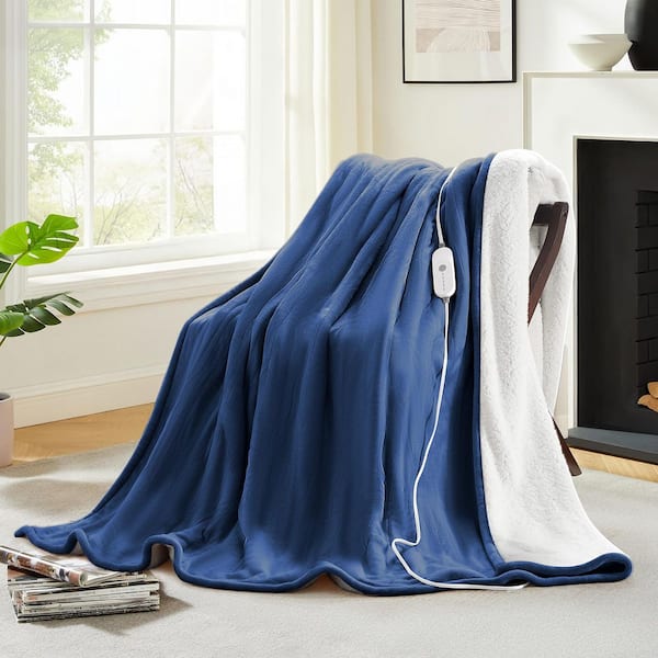 Navy Flannel + Polyester Twin Electric Blanket