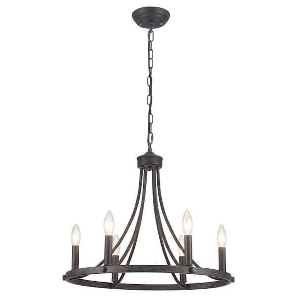 LWYTJO Yenier 6-Light Antique Distressed Brown Rustic Farmhouse Dimmable Kitchen Island Wagon Wheel Chandelier Candle Style