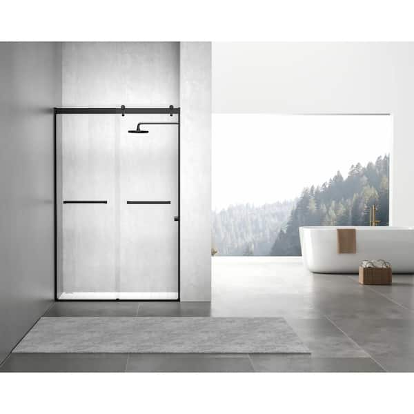 Unbranded Simply Living 48 in. W x 76 in. H Frameless Sliding Shower Door in Matte Black with Clear Glass