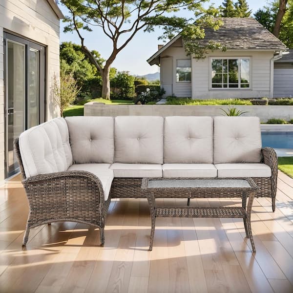 Opohoro Brown 2-Piece Wicker Patio Conversation Sectional Seating Set with Beige Cushions and Coffee Table