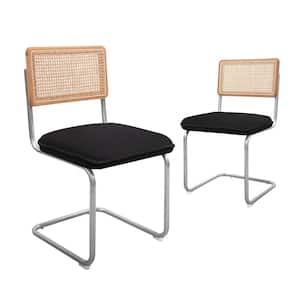 Black Accent Rattan Kitchen, Armless Mesh Back Cane, Upholstered Velvet Dining Chairs with Metal Chrome Legs (Set of 2)