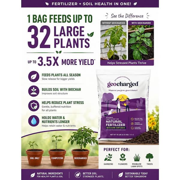 Geocharged Organic Fertilizer Biochar plus Chicken Manure Indoor Outdoor, Kid and Pet Safe, No Odor Super Plant Food, 10 lbs.