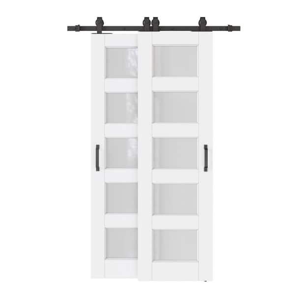 ARK DESIGN 40 in. x 80 in. (Double 24 in. ) 5 Lite Frosted Glass White Primed MDF Interior Sliding Door with Hardware Kit Bypass