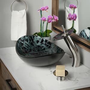 Tartaruga Black Patterned Glass Oval Vessel Sink with Faucet and Drain in Brushed Nickel