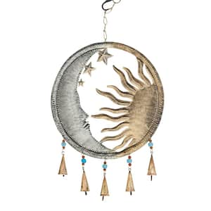 19 in. Gold Metal Sun and Moon Windchime with Glass Beads and Cone Bells