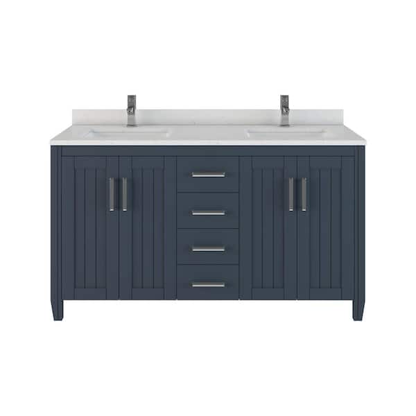 ART BATHE Jake 60 in. W x 22 in. D Bath Vanity in Gray ENGRD Stone Vanity Top in White with White Basin Power Bar and Organizer