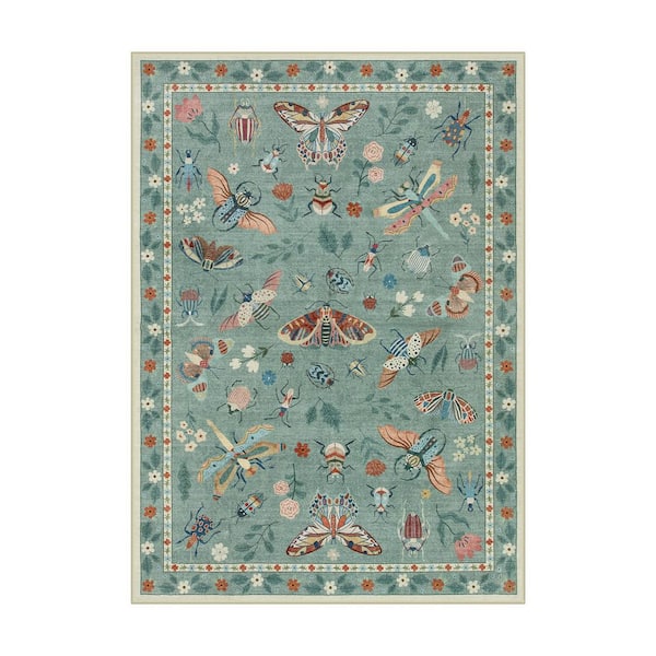 Washable Modern Insect Pattern Non Slip Green 5 ft. x 7 ft. Living Room/Bedroom Indoor Area Rug