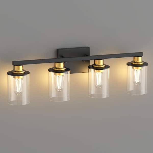 27 in. 4-Light Black and Gold Bathroom Vanity Light Fixtures Over Mirror with Clear Glass Shades for Bathroom