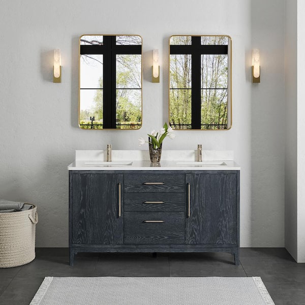 ROSWELL Gara 60 in. W x 22 in. D x 33.9 in. H Double Sink Bath Vanity in Blue White Grain Composite Stone Top