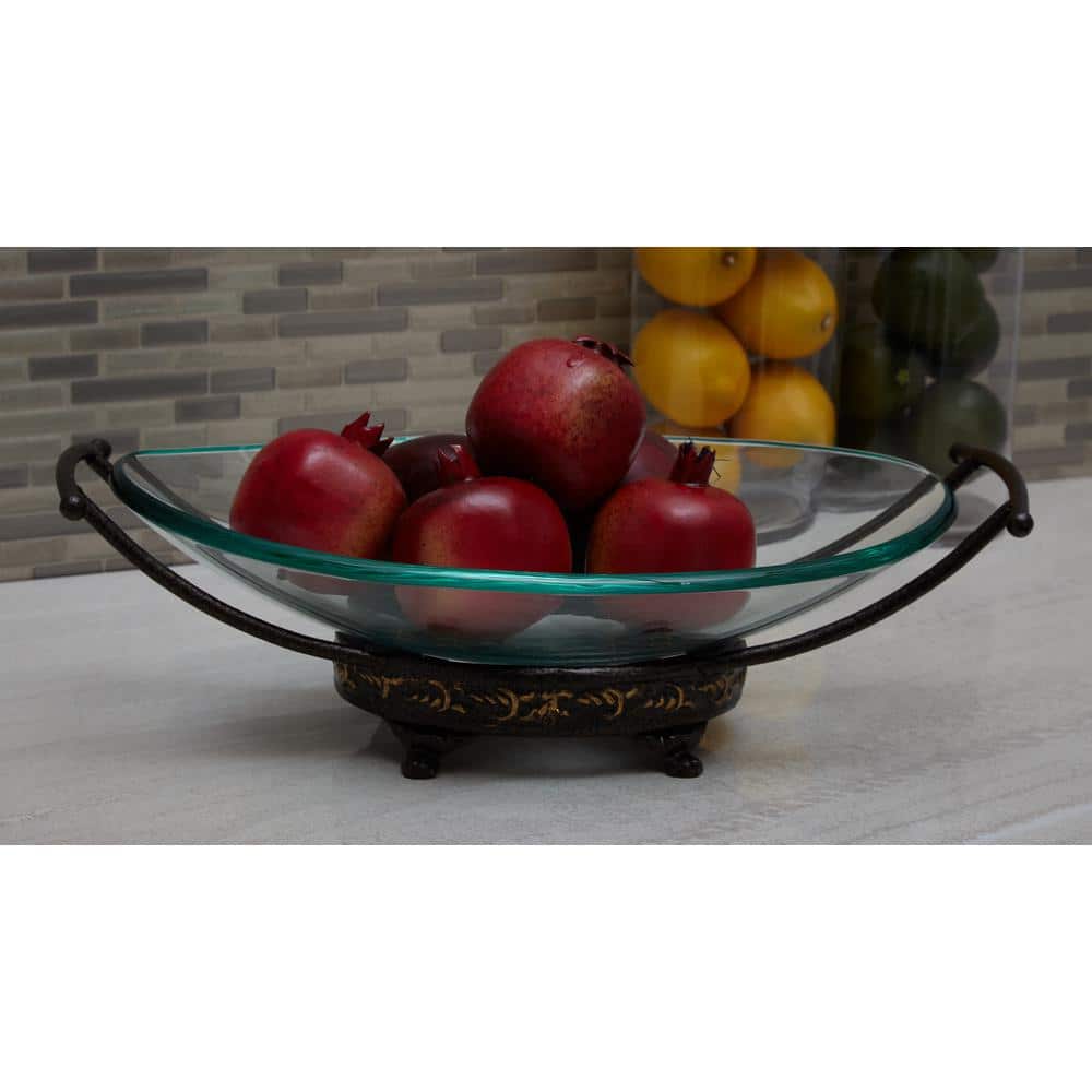 Clear Tempered Glass Elliptical Serving Bowl with Brown Metal Base