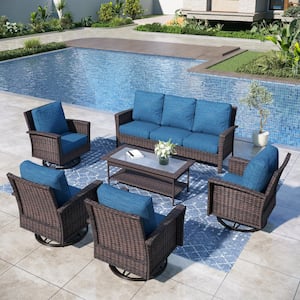 Black 6-Pieces Metal Patio Conversation Sectional Seating Set with Swivel Sofa Chairs, Ottoman and Blue Cushions