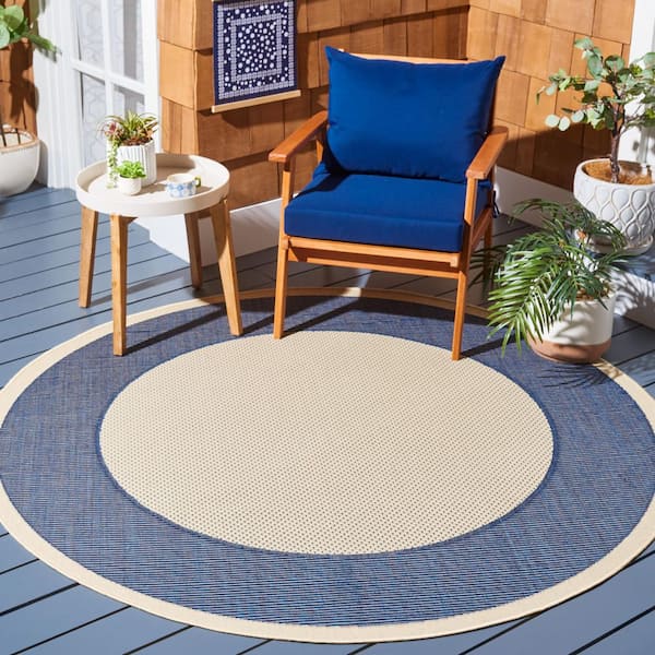 Courtyard Beige/Navy 4 ft. x 4 ft. Border Solid Color Indoor/Outdoor Round Area Rug