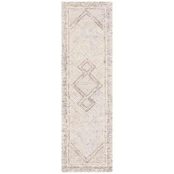 Abstract Ivory/Gray 2 ft. x 12 ft. Geometric Border Runner Rug