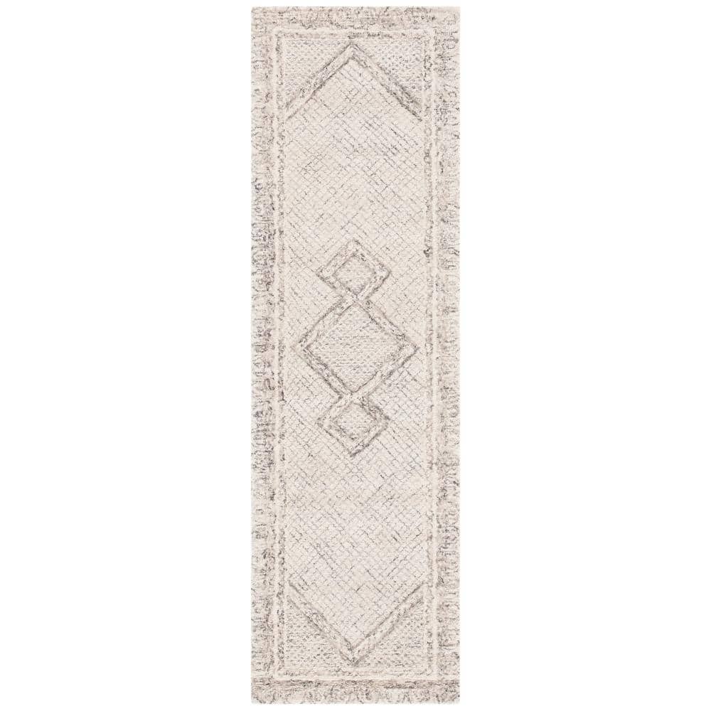 Ivory and Grey Handmade Wool Abstract Runner Rug