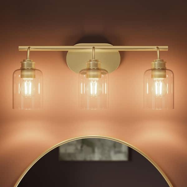 Reines 21.5 In. 3-Light Brushed Gold New Traditional Bath Vanity Light with Clear Glass Shades