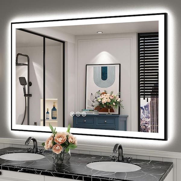 55 in. W. x 36 in. H Rectangular Framed Front and Back LED Lighted Anti-Fog Wall Bathroom Vanity Mirror Tempered Glass
