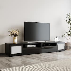 Black Rattan Style Extended TV Stand Fits TV's up to 90 in. with Storage Cabinets and Color Changing LED Light