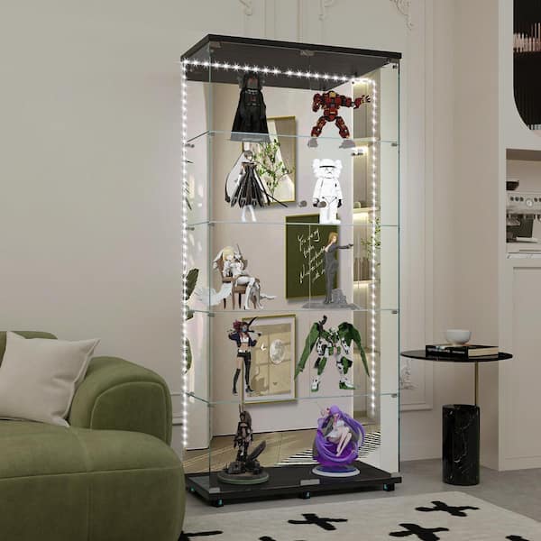 Modern Black Tempered Glass Decorative Display Cabinet with LED Lights-Adjustable Shelves, Mirror Back, Lockable Door