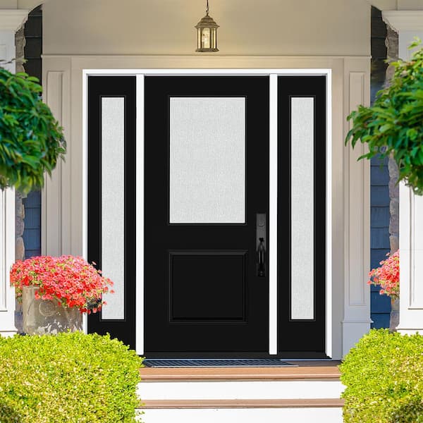 Legacy 68 in. x 80 in. 1/2 Lite Rain Glass LHIS Primed Black Finish Fiberglass Prehung Front Door w/Dbl 14 in. SL