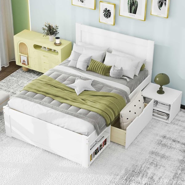 White Wood Frame Twin Size Platform Bed with Drawer and 2 Storage Shelves