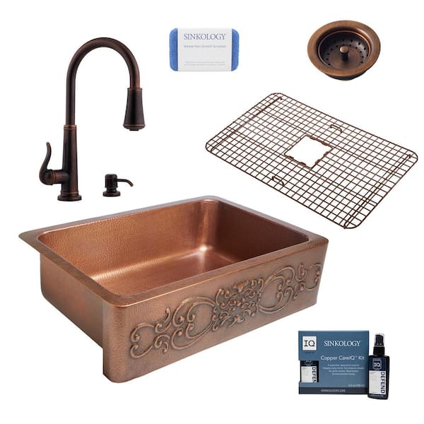 SINKOLOGY Ganku All-in-One Farmhouse Apron-Front Copper 33 in. Single Bowl Kitchen Sink with Pfister Bronze Faucet and Strainer