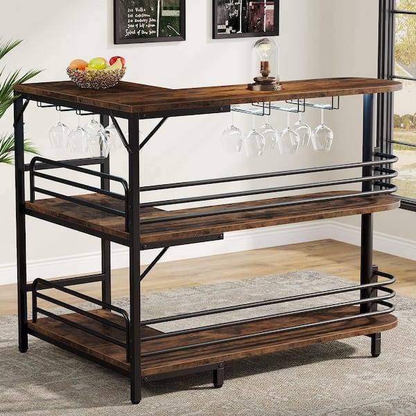 Kearsten Rustic Brown 47 in. W L-Shaped Home Bar Unit, Bar Cabinets, 3 Tier Liquor Bar Table with Storage Shelves