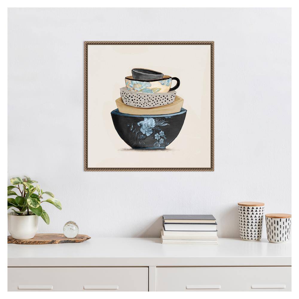 22"x22" Blue and Beige Stacked Bowls Canvas Print with Beaded Bronze Frame