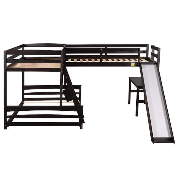 Utopia 4niture Dhea Twin over Full Bunk Bed and Attached Loft Bed with Desk and Slide, Espresso
