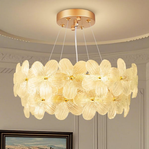 20 in. 6-Light Gold Glass Flower Chandelier, Modern Glass Ceiling Pendant Light for Living Room, Foyer, Entryway