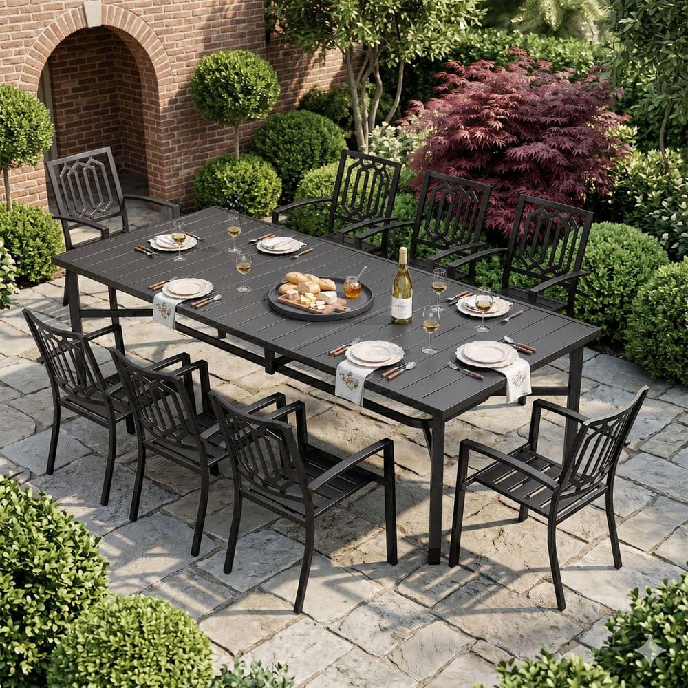 PHI VILLA Black 9-Piece Metal Rectangle Patio Outdoor Dining Set