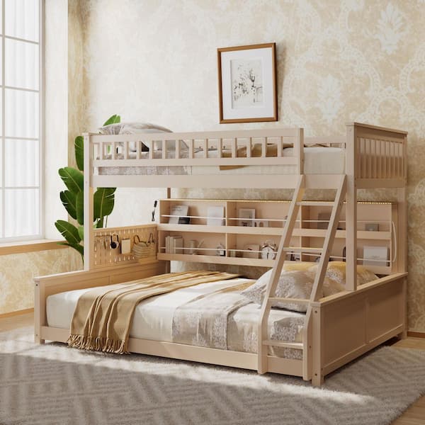 Beige Twin XL Over Queen Wood Convertible Bunk Bed with Storage Shelf, Safety Rope, LED Light Strip & Pegboard Panel