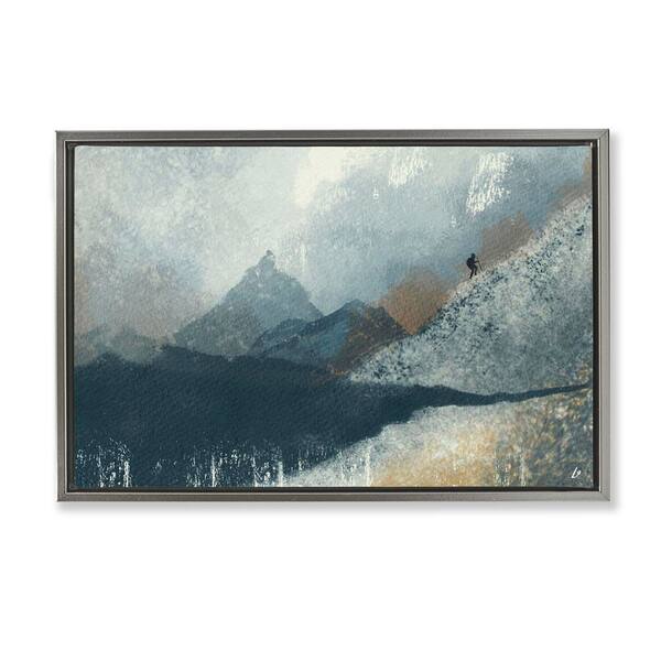 Intrepid Traveler in Mountains by Lydia Orange Gray Floater Frame Abstract Graphic Art Print 21 in. x 31 in.