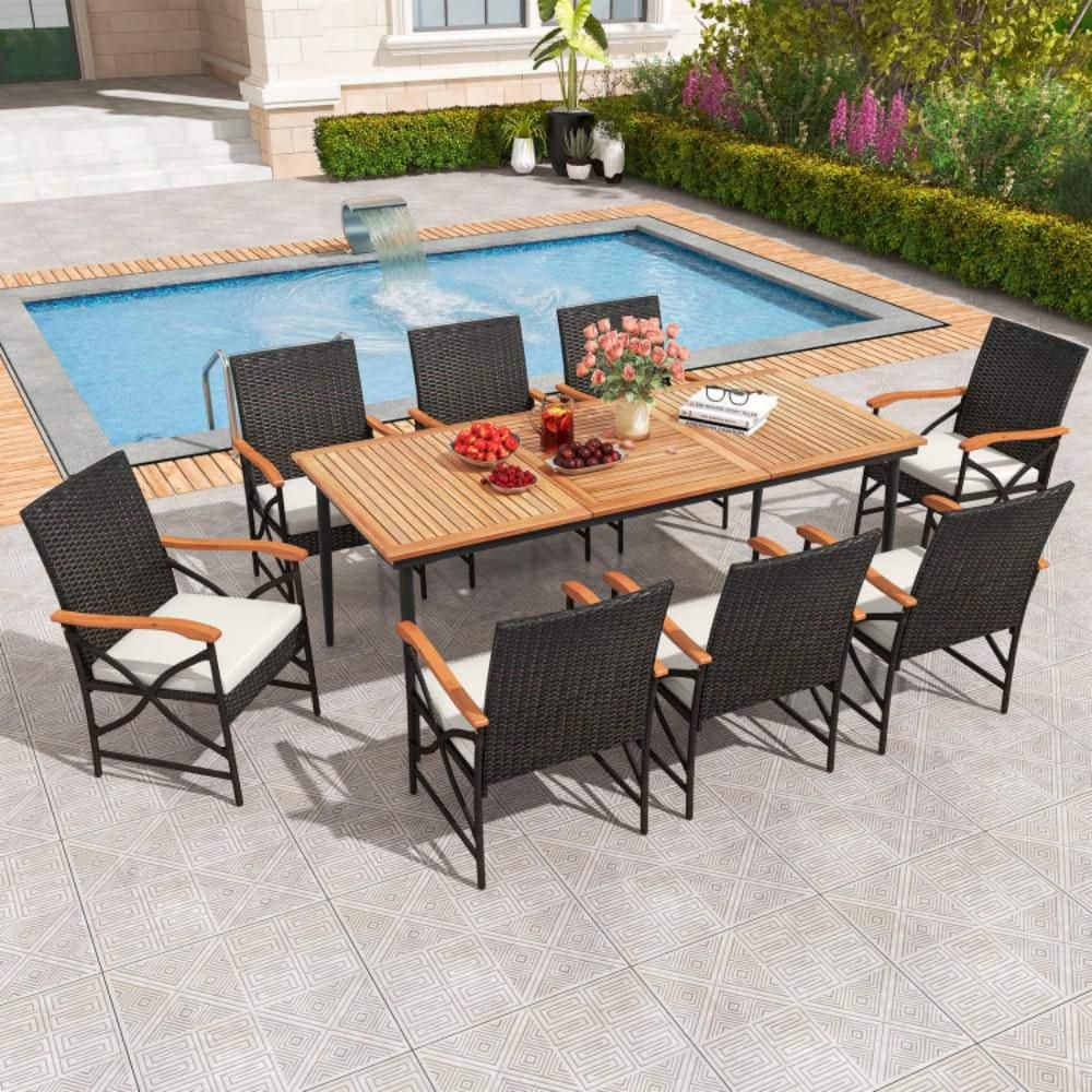 9-Piece Wicker Rectangle Outdoor Dining Set with White Cushions
