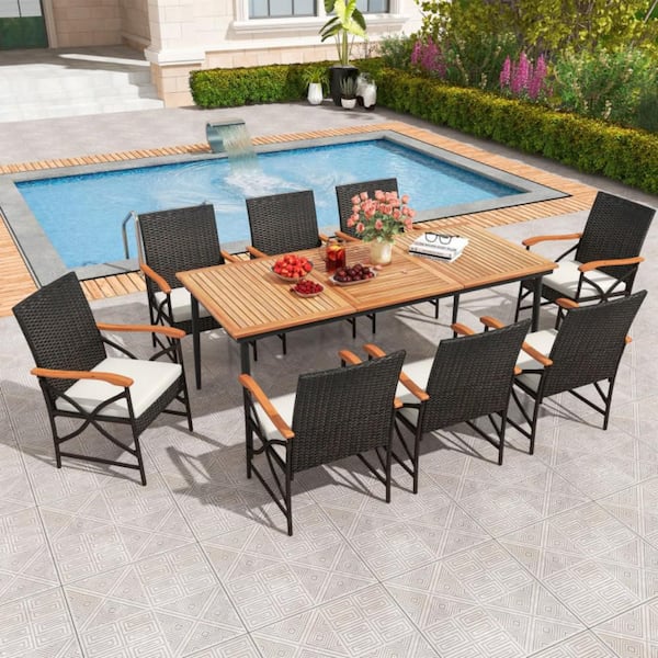 9-Piece Wicker Rectangle Outdoor Dining Set with White Cushions