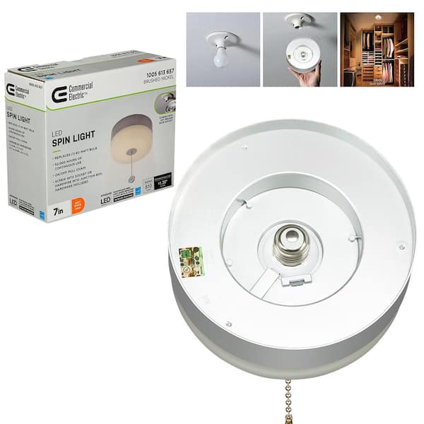 Commercial Electric 60-Watt Equivalent E26 Spin Light 7 in. LED Light Bulb w/Pull Chain Brushed Nickel Accent 3000K Soft White 810 Lumens