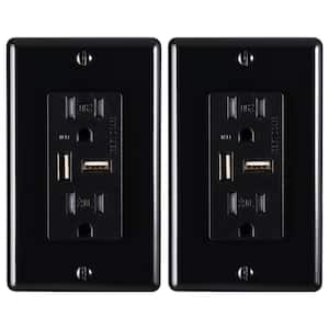 15 Amp Decorator Tamper-Resistant Duplex Receptacle and 4.6A USB Outlet, Wall Plate Included, Black (2-Pack)