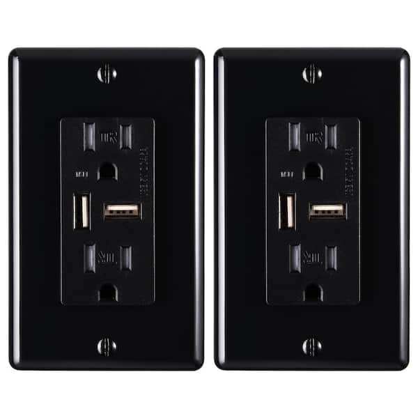 Faith 15 Amp Decorator Tamper-Resistant Duplex Receptacle and 4.6A USB Outlet, Wall Plate Included, Black (2-Pack)